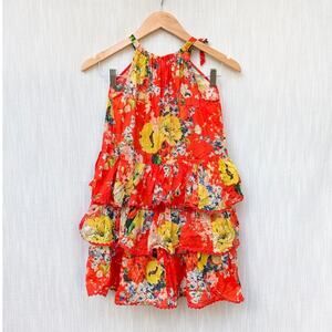 Zimmermann Girl Red Floral Print Tiered Cotton Sleeveless Mini Dress, size 8